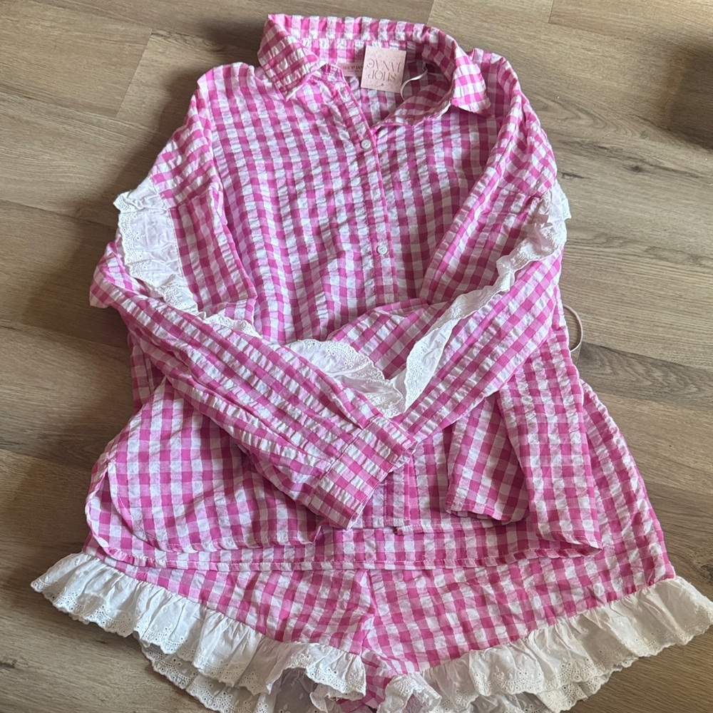 Pink Gingham Lace-Trim Women's Top - Unknown Brand